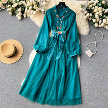 High Quality Pearl Button V Neck Long Sleeve Lace Up Patchwork Mesh Dresses