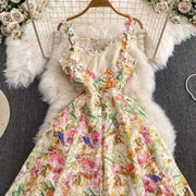 Long dress with open back and sexy A-line cut with high-quality flowers and embroidered lace