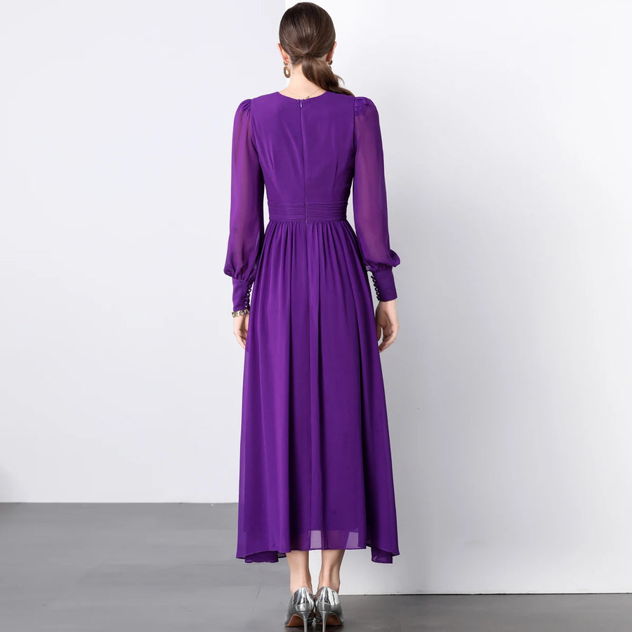 High quality V-neckline puff sleeve high waist draped chiffon long dress