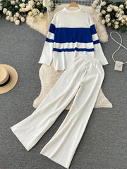 High Quality Striped Zipper Long Sleeve+Wide Leg Pant Two Piece Set