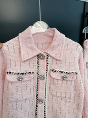 Slim Fit Spring Autumn Office Ladies Pink Tweed Short Jacket High Waist A-Line Skirt Two Piece Set Elegant Women Fashion Sets