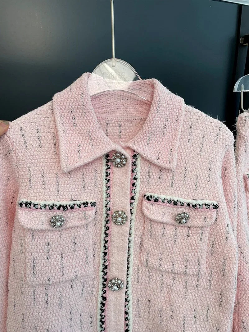 Slim Fit Spring Autumn Office Ladies Pink Tweed Short Jacket High Waist A-Line Skirt Two Piece Set Elegant Women Fashion Sets