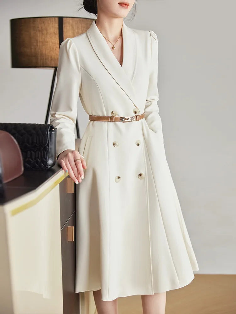 Elegant White high-end long-sleeved double-breasted high-quality dress creamy-white / XL Elegant White high-end long-sleeved double-breasted high-quality dress creamy-white / XL