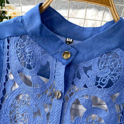 Summer Embroidery Maxi Dress Two Piece Set Women Blue Hollow Lace Long Sleeve Blouse Shirts 3pcs Sets Elastic Waist Skirts Suits