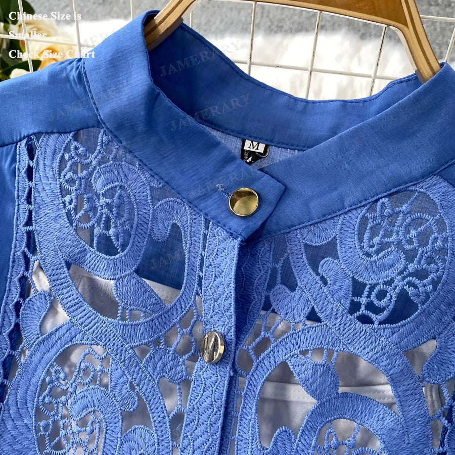 Summer Embroidery Maxi Dress Two Piece Set Women Blue Hollow Lace Long Sleeve Blouse Shirts 3pcs Sets Elastic Waist Skirts Suits