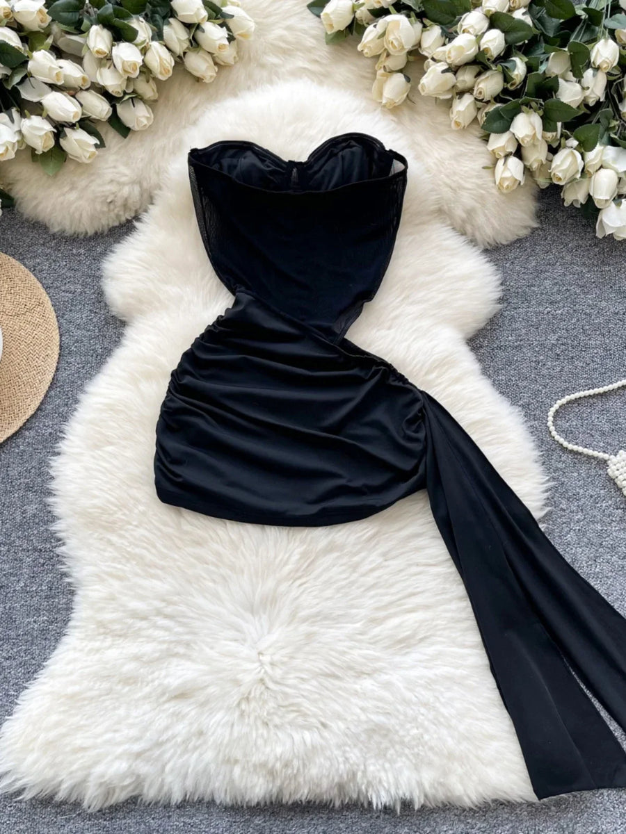 Women's Sexy Hollow Out Waist Pencil Mini Dress Pleated Waist Streamer Wrapped Hip Dress High Quality