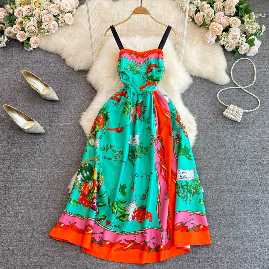 High Quality Sleeveless Zipper High Waist Print Midi Dress