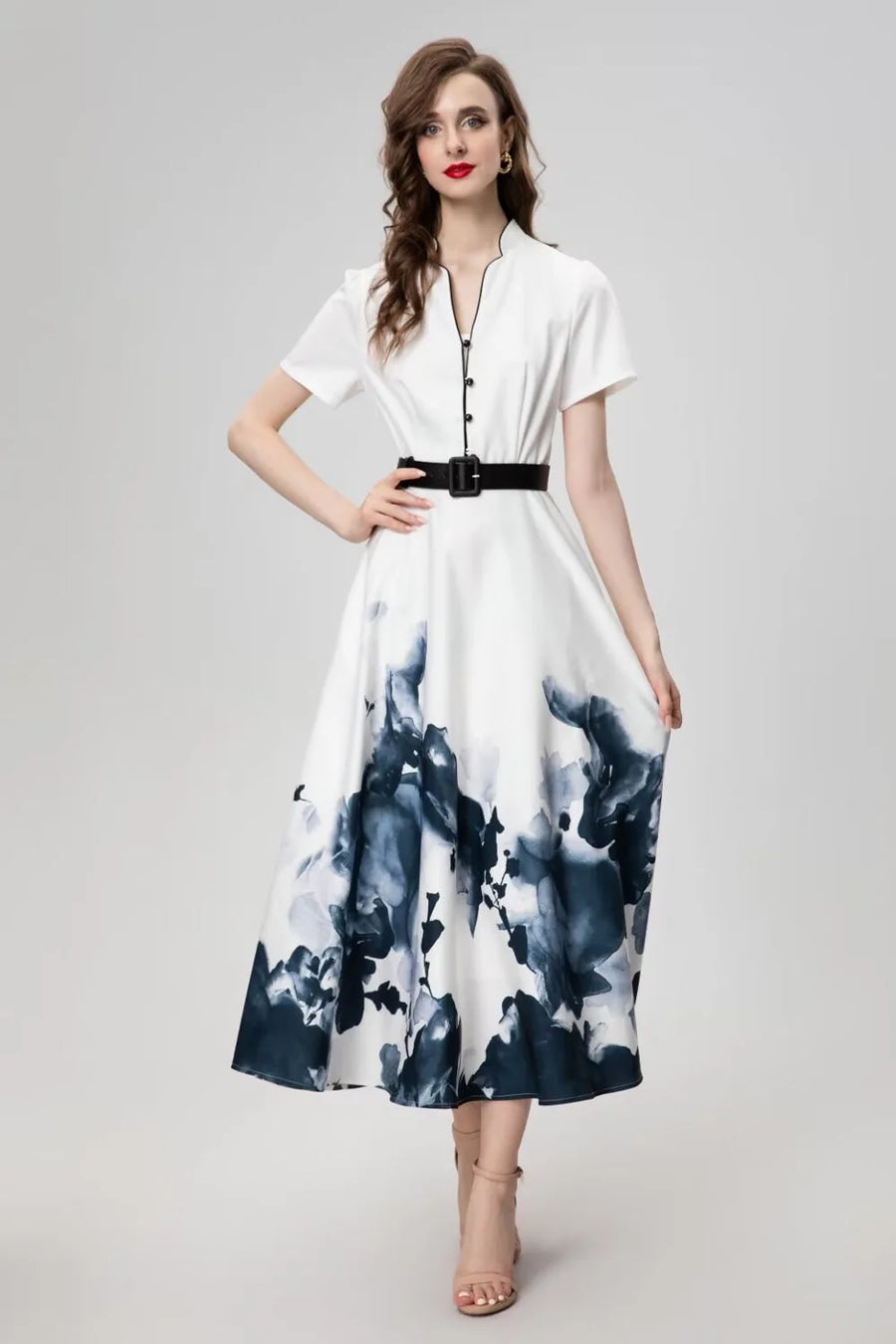 High Quality Elegant V Neck Ink Flower Print Long Dress