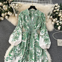 Elegant floral print dress with bubble sleeves wrapped waist high quality