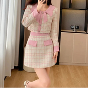 Autumn Winter Pink Bowknot Beading Tweed Two Piece Set Women Short Jacket Coat + Skirt Suits Korean 2 Piece Sets Women Outfits