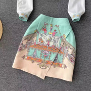 Summer Cartoon 2 Pieces Set Women Turn Down Collar Long Sleeve Two Pockets Chiffon Shirt Top + Irregular Vintage Mini Skirt Suit