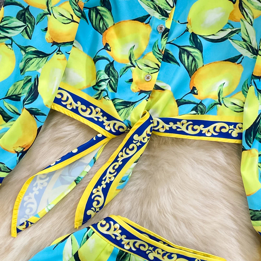 Summer Runway Fashion Sicily Lemon Print Two Piece Outfits Women Long Sleeve Bandage Crop Top＋Beach Pocket Shorts Sets