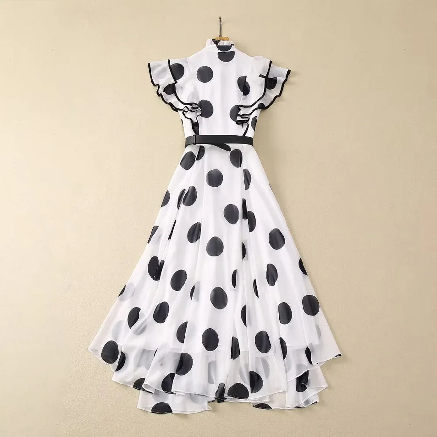 High Quality Butterfly Sleeves Elegant Polka Dot Print Chiffon Long Dresses