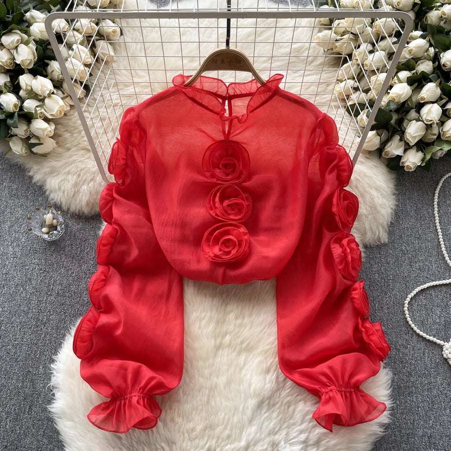 3D Floral Sheer Shirt Ruffle Collar Long Sleeve High Quality