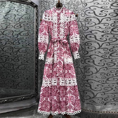 High Quality Purple Green Pink Long Sleeve Hollow Out Embroidery Vintage Print Maxi Dress