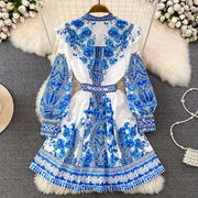 2023 Spring Autumn Women Short Dress Runway V-Neck Long Lantern Sleeve Single Breasted High Waist Party Vestidos A2297