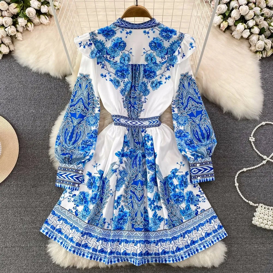 2023 Spring Autumn Women Short Dress Runway V-Neck Long Lantern Sleeve Single Breasted High Waist Party Vestidos A2297