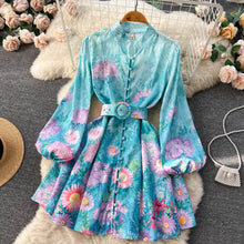 High Quality Floral Print Belted Long Flare Sleeve Stand Collar Flower Mini Dress