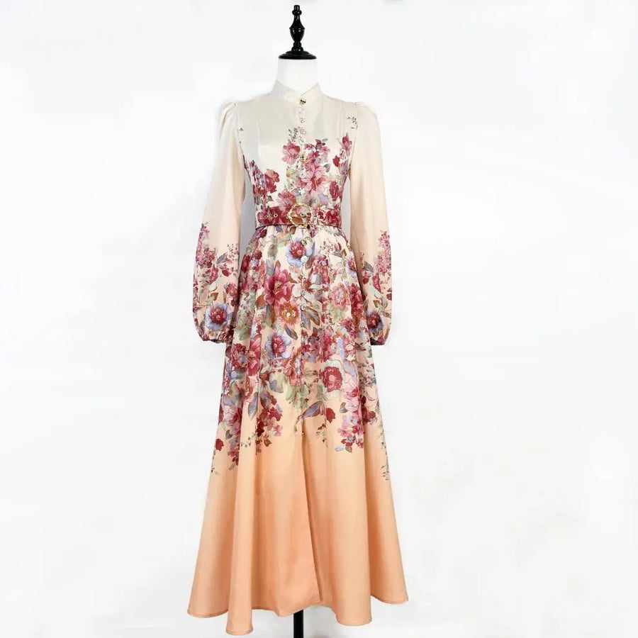 Floral print dress with long sleeves, high neck, and belt, high quality midi length