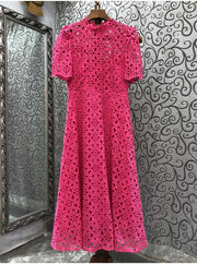 High Quality Three Quarter Sleeve Embroidered Fuchsia Long Elegant Midi Dress