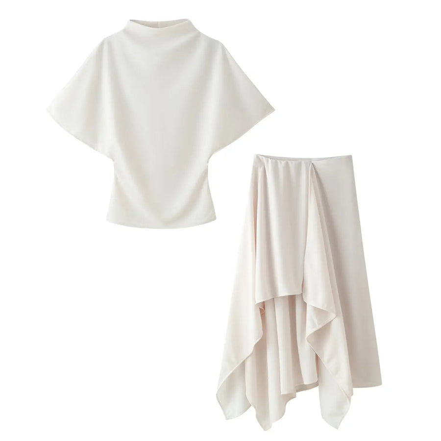 KONDALA Women Trendy Skirt Set Half High Collar Top Asymmetrical Skirt New Fashion 2026 Spring Summer Beach Holiday Skirt Set