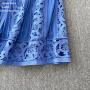 Summer Embroidery Maxi Dress Two Piece Set Women Blue Hollow Lace Long Sleeve Blouse Shirts 3pcs Sets Elastic Waist Skirts Suits