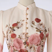 Elegant dress with floral print, high neck, long sleeves with high-quality belt