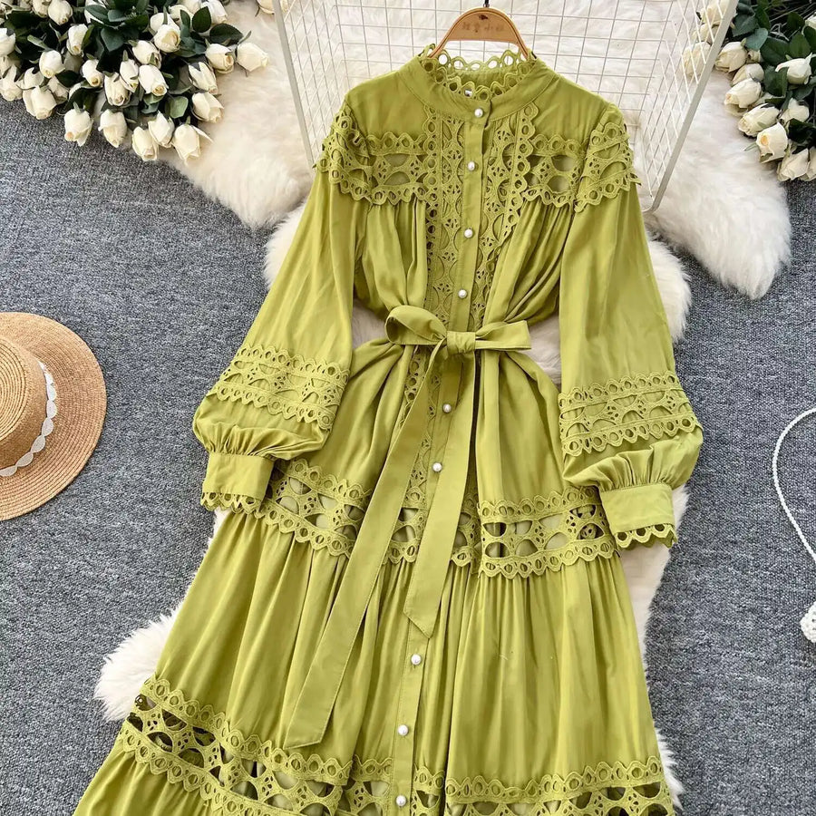 Elegant retro style slit maxi dress with pearl buttons and high-quality crochet embroidery