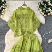 Luxury Long Dresses 2 Piece Sets Women Summer Holiday Hollow Out Crop Tops Elastic Waist Maxi Skirts Suits A Line Party Vestidos