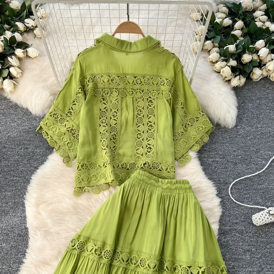 Luxury Long Dresses 2 Piece Sets Women Summer Holiday Hollow Out Crop Tops Elastic Waist Maxi Skirts Suits A Line Party Vestidos