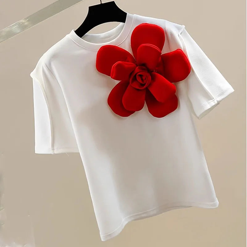 High quality short sleeve vintage 3D flower T shirt
