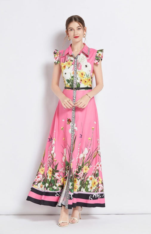 High Quality Sleeveless Ruffle Belted Flower Maxi Dress