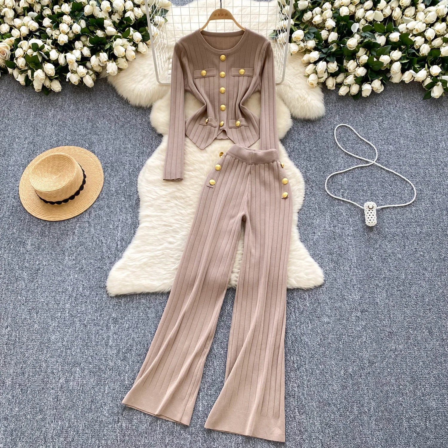 Two Piece Sets Elegant Long Sleeve Button Top + Elastic Long Pants