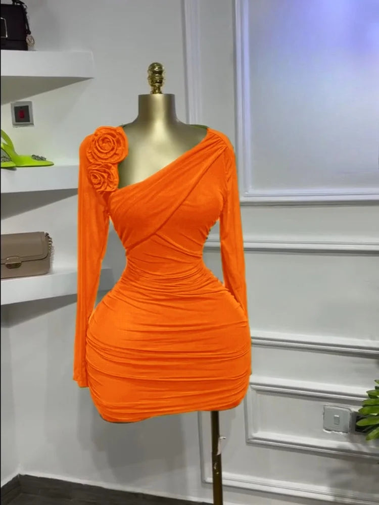 Long-sleeved floral appliqué slash neck ruched bodycon midi dress