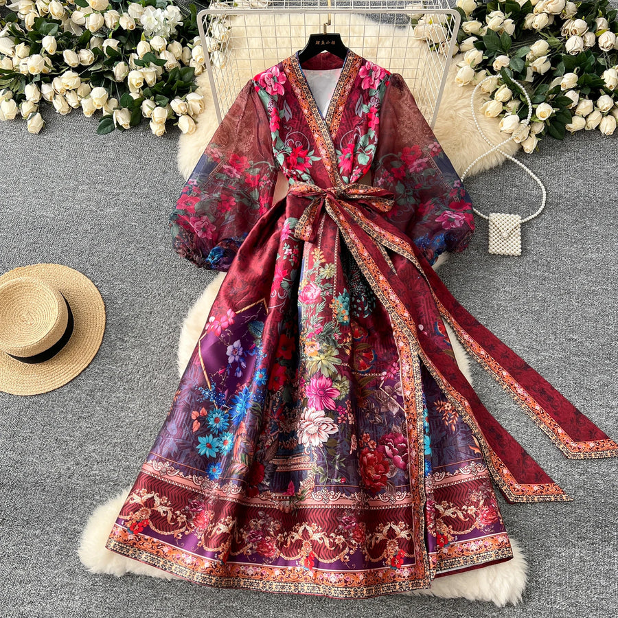 High quality vintage palace print French style elegant evening dress Red / L High quality vintage palace print French style elegant evening dress Red / L