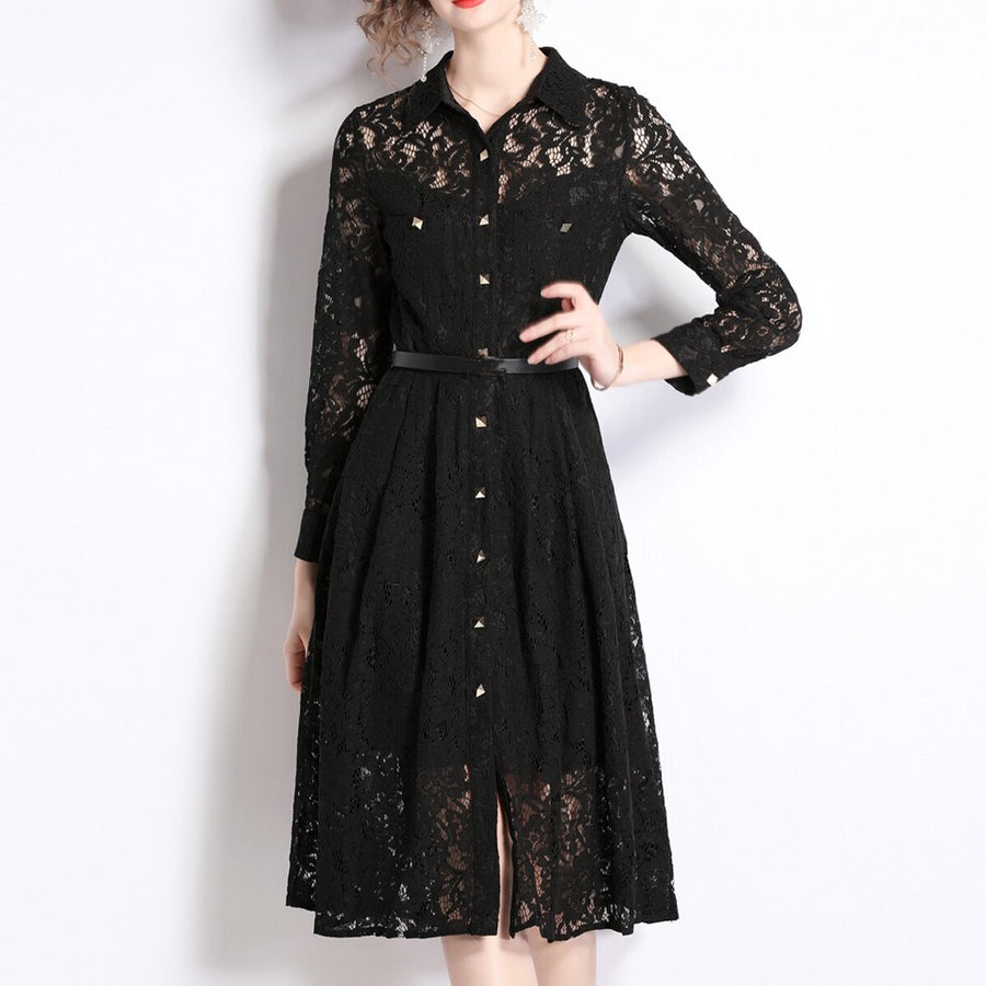 high quality multi color lace dress with pockets, long sleeves, buttons with collar