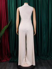 Sexy Deep V Neck Pleated Jumpsuits High Quality Sleeveless Wide Leg Pants