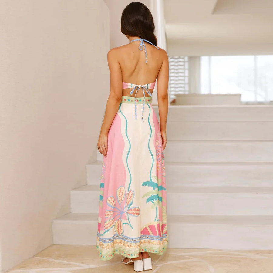 Women Spring Summer Halter Neck Sleeveless Print Linen A Line Long Dress