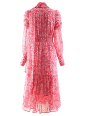 Silk Blending Printing Dress Women Spring Half High Collar with Scarf Belt Sliming Vestidos Party Vacation Fashion