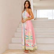 Women Spring Summer Halter Neck Sleeveless Print Linen A Line Long Dress
