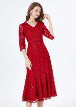 3/4 Sleeve V Neck Flower Embroidery Dress with High Quality Sequins