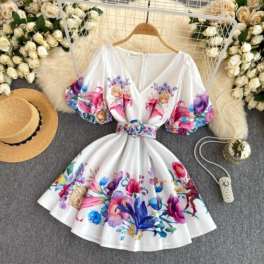 High Quality Ruffle Print Elegant Puff Short Sleeve A-line Dress