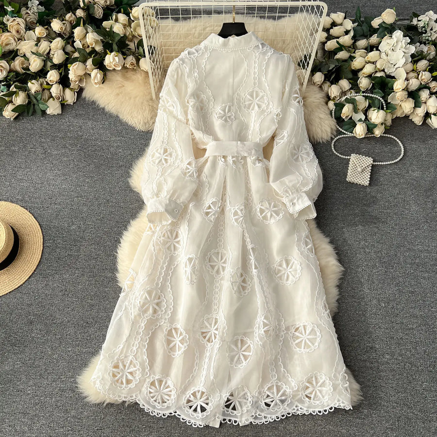 Long sleeve openwork design embroidered belt ruched waist high quality A-line maxi dress