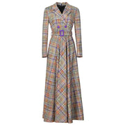 High quality double breasted belt suit collar vintage plaid long dress