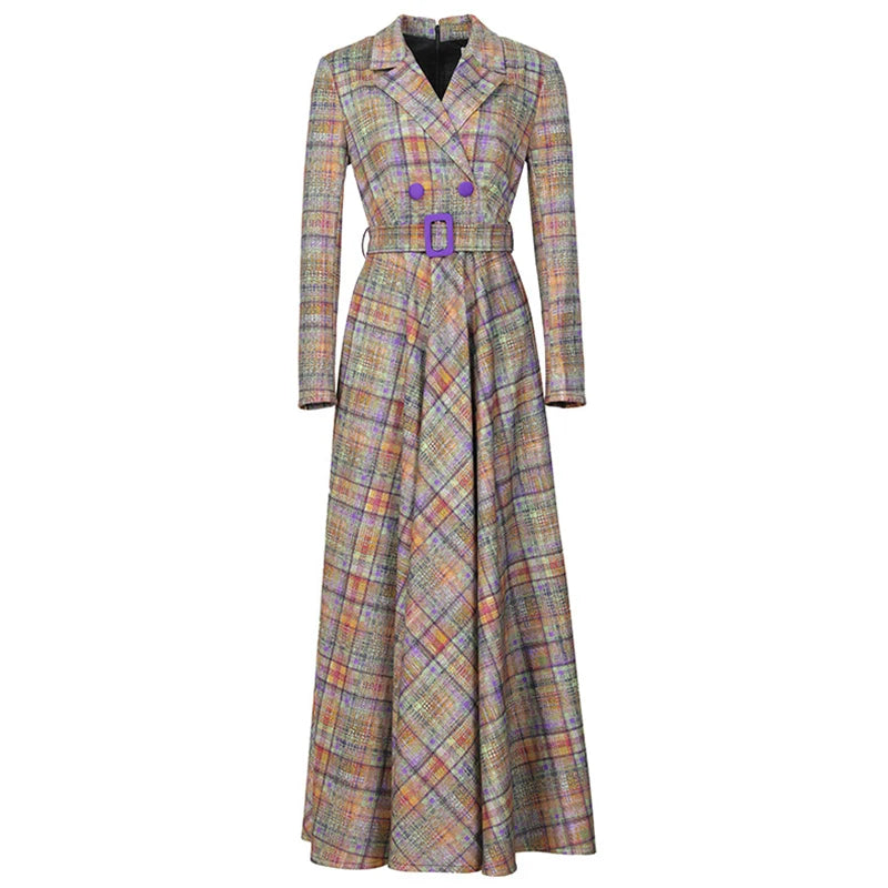 High quality double breasted belt suit collar vintage plaid long dress