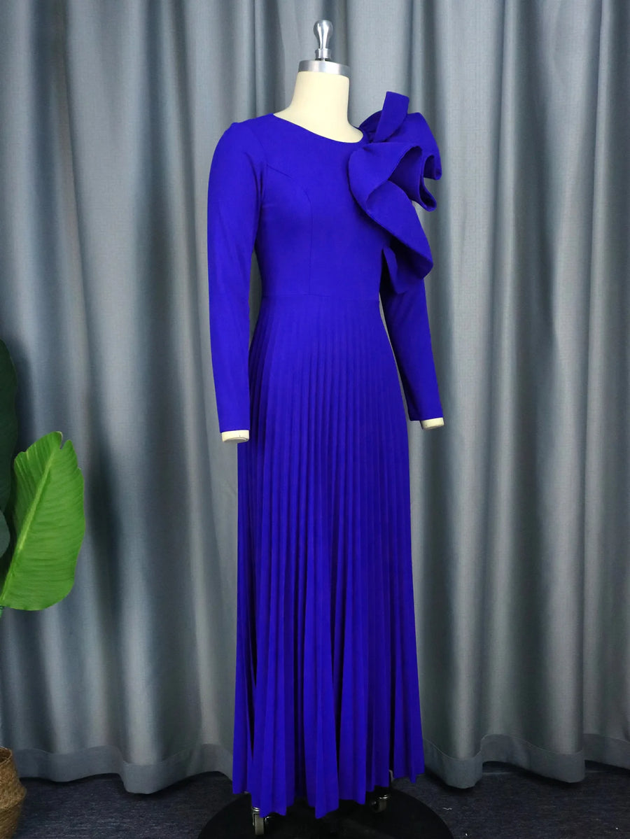 Elegant long sleeve pleated dress in blue, green, pink high quality