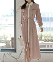 Elegant Long Sleeve Belted High Quality Maxi Dress