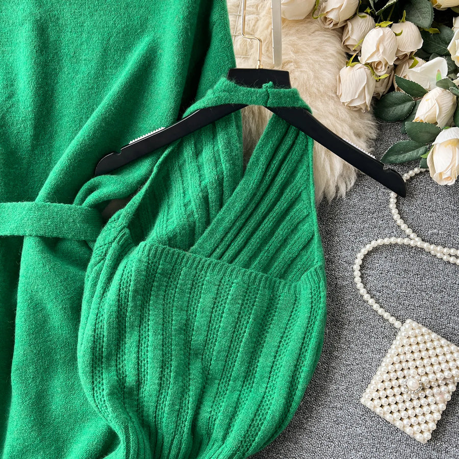 Solid Knitted Two Piece Outfits with Belt Loose Long Cardigan + Striped Halter Bodycon Dress High Quality Green / One Size Solid Knitted Two Piece Outfits with Belt Loose Long Cardigan + Striped Halter Bodycon Dress High Quality Green / One Size