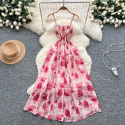 Women's long floral dress with thin straps, sleeveless, elastic, ruched with high-quality print