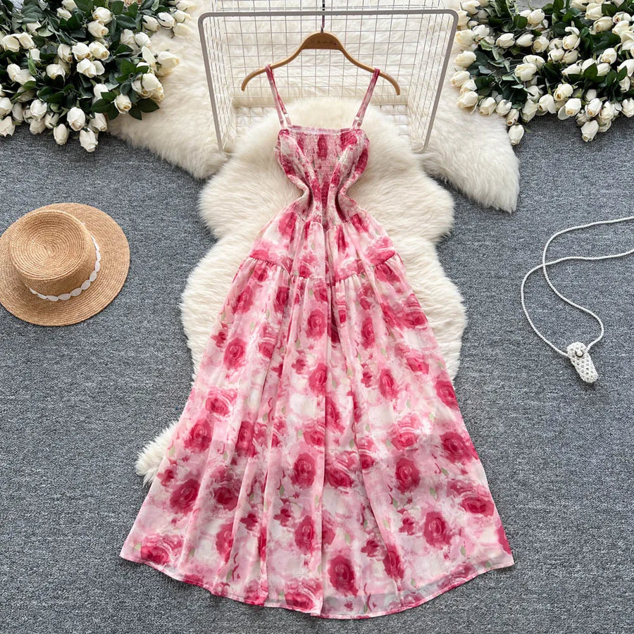 Women's long floral dress with thin straps, sleeveless, elastic, ruched with high-quality print